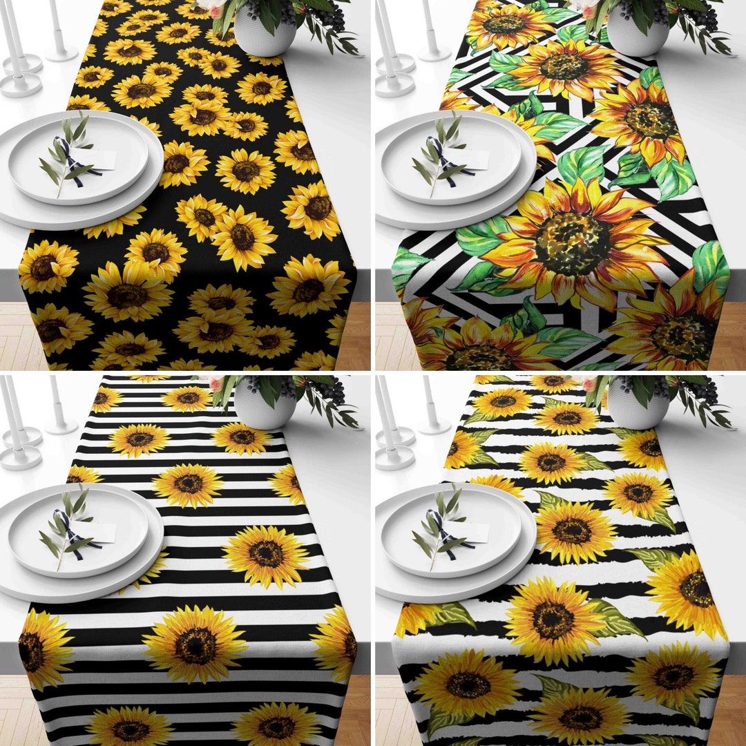 Yellow & Black Sunflower Design Table Runners, Floral Kitchen Runner