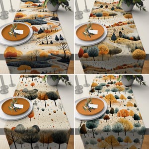 Fall Trees Design Table Runner, Autumn Kitchen & Dining Room Table Runner, Woods and Roads Pattern Tablecloth, Boho Home Decor, Any Size
