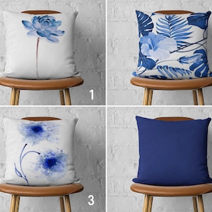 Floral Throw Pillow Cover, Blue White Flowers Leaves Cushion Cover, Decorative Watercolor Housewarming Pillow, Cover Only, Handmade Pillows