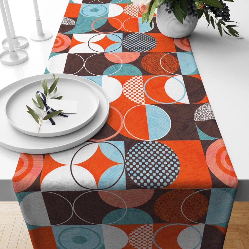 Runner Da Tavolo Geometrico Mondrian 35x183 Cm – Rosso Giallo Blu, Impermeabile E Lavabile, Arredamento Moderno