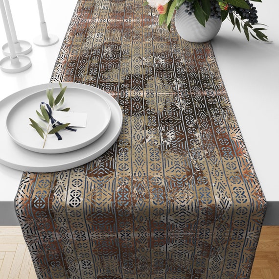 Runner Da Tavola Azteco Sud-Ovest Stile Boho - Finto Lino Con Nappe, Motivo Geometrico Tribale, 33x91 Cm, Beige