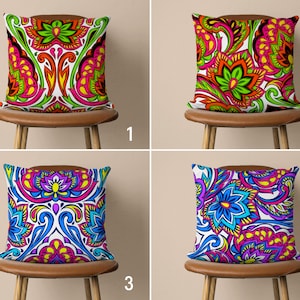 Vivid Ethnic Pattern Pillow Cover, Indian Style Paisley Design Pillow Case, Colorful Lotus Cushion Cover, 18x18, 20x20, Living Room Decor