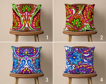 Vivid Ethnic Pattern Pillow Cover, Indian Style Paisley Design Pillow Case, Colorful Lotus Cushion Cover, 18x18, 20x20, Living Room Decor