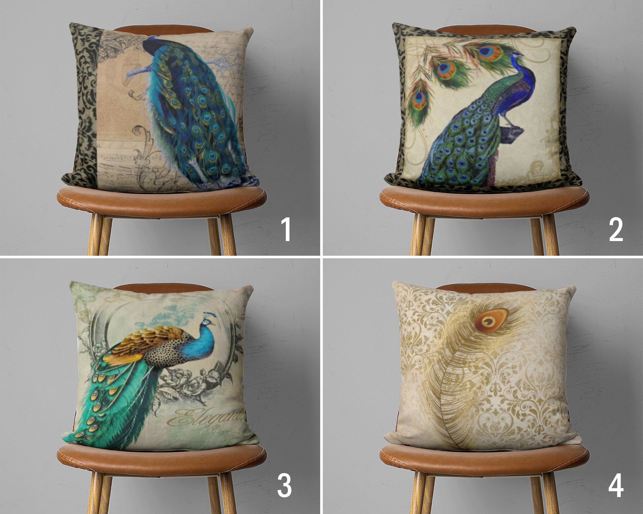 Vintage Style Peacock Pillow Case, Peafowl Tile Feather Cushion Cover, Luxury Peahens Animal Pillow Cover, Farmhouse Decor, Unique Decor