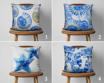 Navy Blue Marine Pillow Case, Seashell Coral & Starfish Pillow Cover, Watercolor Cushion Cover, Coastal House Decor, Nautical Home Decor