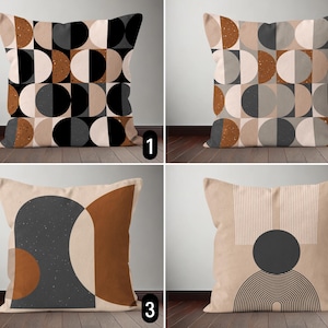May include: Four different pillow designs featuring geometric patterns in shades of brown, beige, black, and white. The pillows are arranged in a grid pattern.
