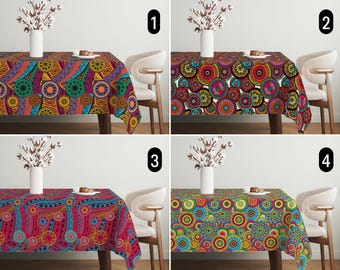 Bohemian Mandala Design Tablecloth, Abstract Tribal Maximalist Tablecloth, Vibrant Eclectic Ethnic Moroccan Indian Style Custom Tablecloth