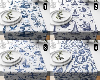 Navy Blue Vintage Nautical Table Runner, Ship Sailboat Compass Design Coastal Table Runner, Retro Marine Table Runner, Dining Room Decor