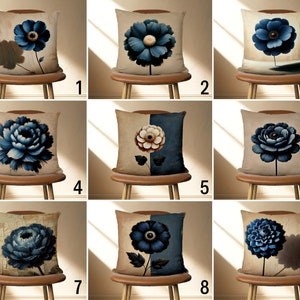 Dark Blue Flowers Pillow Cover, Blue & Beige Floral Cushion Cover, Flowery Painting Elegant Lumbar Pillow Case, Coastal Luxury Home Decor