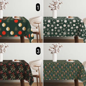 Pode incluir: Quatro toalhas de mesa verdes diferentes com vários padrões de Natal. As toalhas de mesa apresentam desenhos de ornamentos, flocos de neve e quebra-nozes.