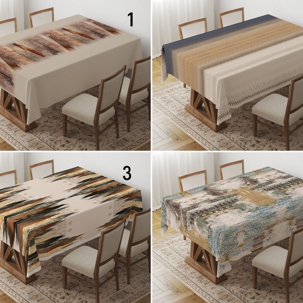 Toalha de mesa abstrata e boho, capa de mesa abstrata em cores naturais da terra, tecido boho, decoração de casa boho, toalha de mesa personalizada