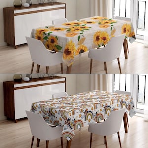 Sunflower & Rainbow Tablecloth, Floral Boho Table Cover, Summer Home Textile, Yellow Home Decor, Custom Tablecloth, Kitchen Textiles