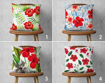 Hibiscus Flower Pillow Case, Red Floral Pillow Cover, Summer Cushion Cover, Any Size Pillow, Floral Home Decor, Euro Pillow Sham, 28x28