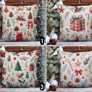 Federa per cuscino natalizia rossa e verde gioiosa e festosa, federa per cuscino di felice anno nuovo, scatola regalo e ornamenti per albero di pino per le vacanze invernali