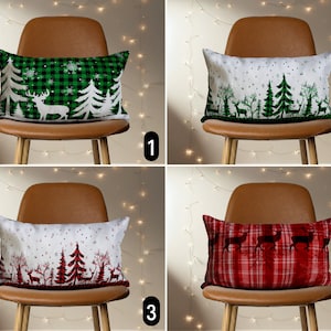 Federa per cuscino natalizia a quadri rossi e verdi, federa per cuscino con motivo tartan, pini e cervi, federa per cuscino lombare per le vacanze invernali, regalo di Capodanno