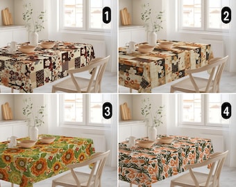 Vintage 70s Flowers Tablecloth, Floral Retro & Mid Century Modern Tablecloth, Boho Rustic Cozy Autumn Flowers Tablecloth, Dining Room Decor