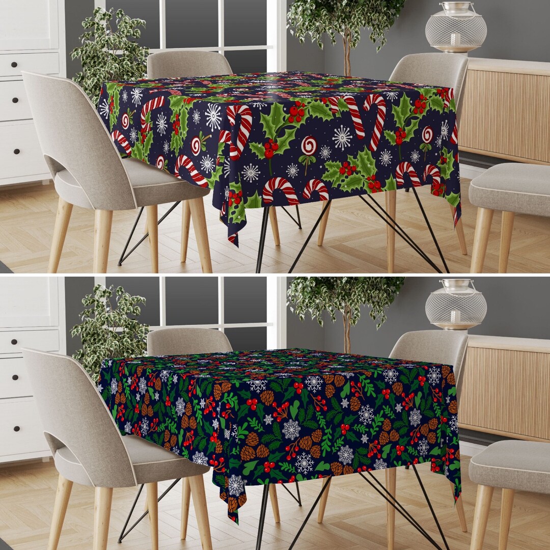 Berries & Pine Cone Tablecloth, Floral Christmas Tablecloth, Candy Cane ...