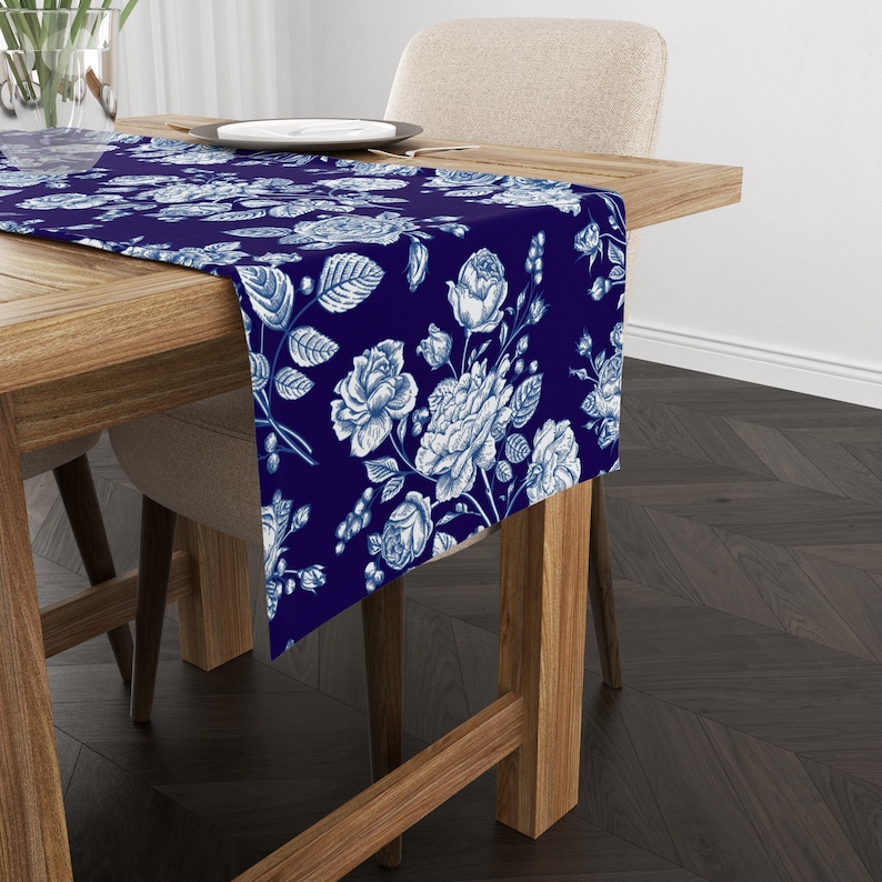 Floral Blue Chinoiserie Table Runner, Classic Traditional Flower Design ...