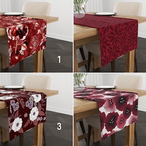 Floral Boho Table Runner, Flowers on Burgundy & Red Kitchen Runner, Bloomy Tablecloth, Claret Red Decor, Spring Home Textile, All Sizes
