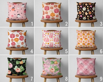 Pink Autumn Pumpkins Throw Pillow Cover, Cute Fall Pumpkins Pillow Case, Thanksgiving Pillow Cover, Pink Boho Home Decor, Euro Pillow Sham