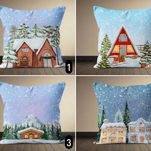 Federa per cuscino con motivo casa invernale innevata, federa per cuscino con paesaggio accogliente della baita delle vacanze, federa per cuscino rustico da fattoria di Natale, decorazione per il felice anno nuovo