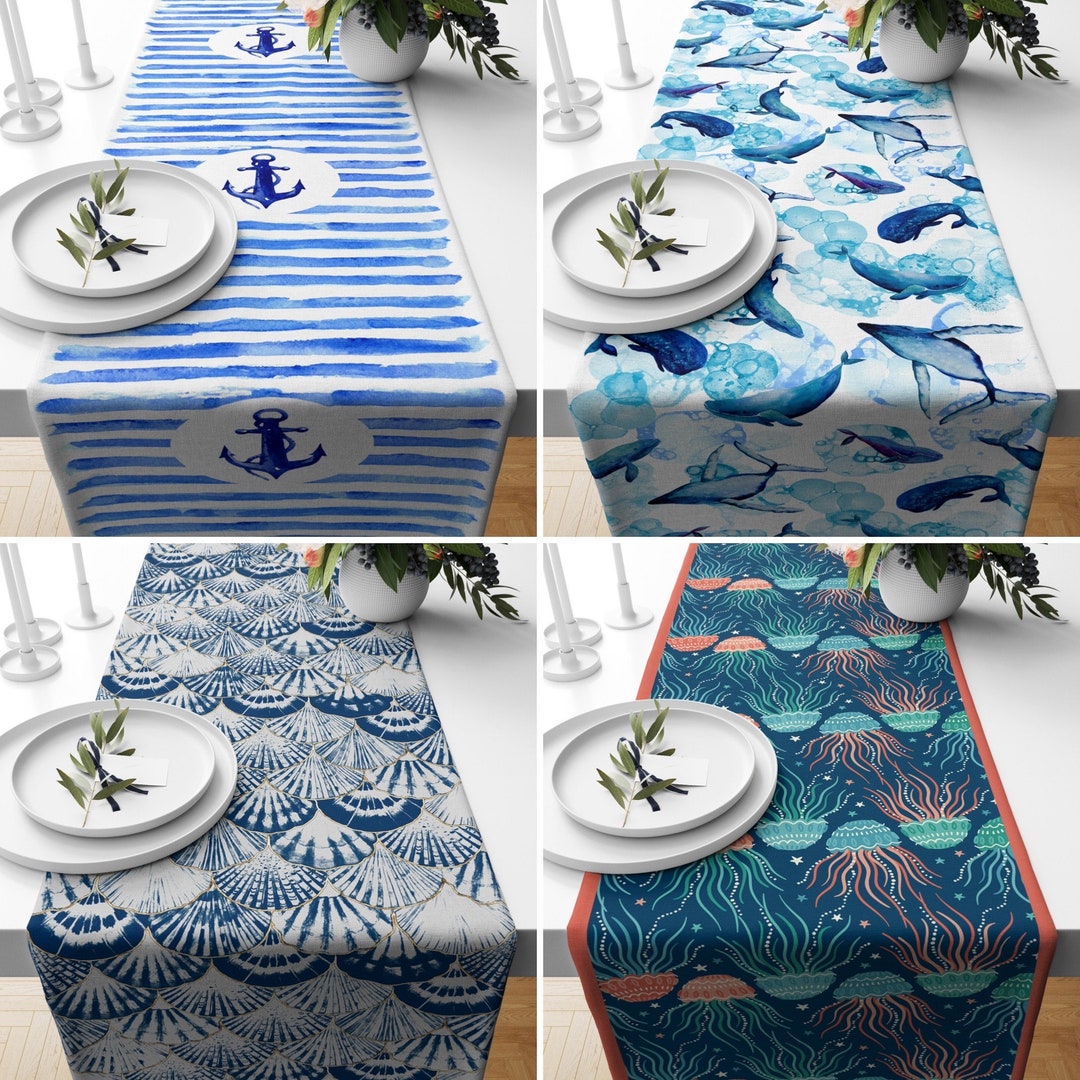 Blue Marine Table Runner, Fish & Anchor Kitchen Runner, Nautical ...