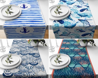 Blue Marine Table Runner,  Fish & Anchor Kitchen Runner, Nautical Tablecloth, Coastal Table Cover, Any Size Runners, Dining Room Decor