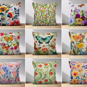 Flowers & Butterflies Pillow Cover, Colorful Floral Garden Cushion Cover, Spring and Summer Wildflowers Pillow Case, Abstract Vibrant Decor
