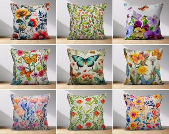 Blumen und Schmetterlinge Kissenbezug, Bunter Blumengarten Kissenbezug, Frühling und Sommer Wildblumen Kissenbezug, Abstraktes Lebendiges Dekor