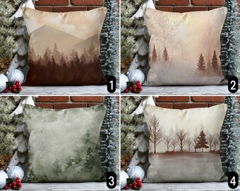 Pine Tree Forest Throw Pillow Cover, Brown Green Rustic Winter Pillow Case, Woods Cushion Cover, Christmas Decor, All Sizes, 20x20, 24x24