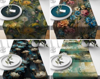 Chemin de table bohème floral, chemin de table design fleurs et feuilles bohèmes, nappes printemps été, décoration de salle à manger, toutes les tailles personnalisées