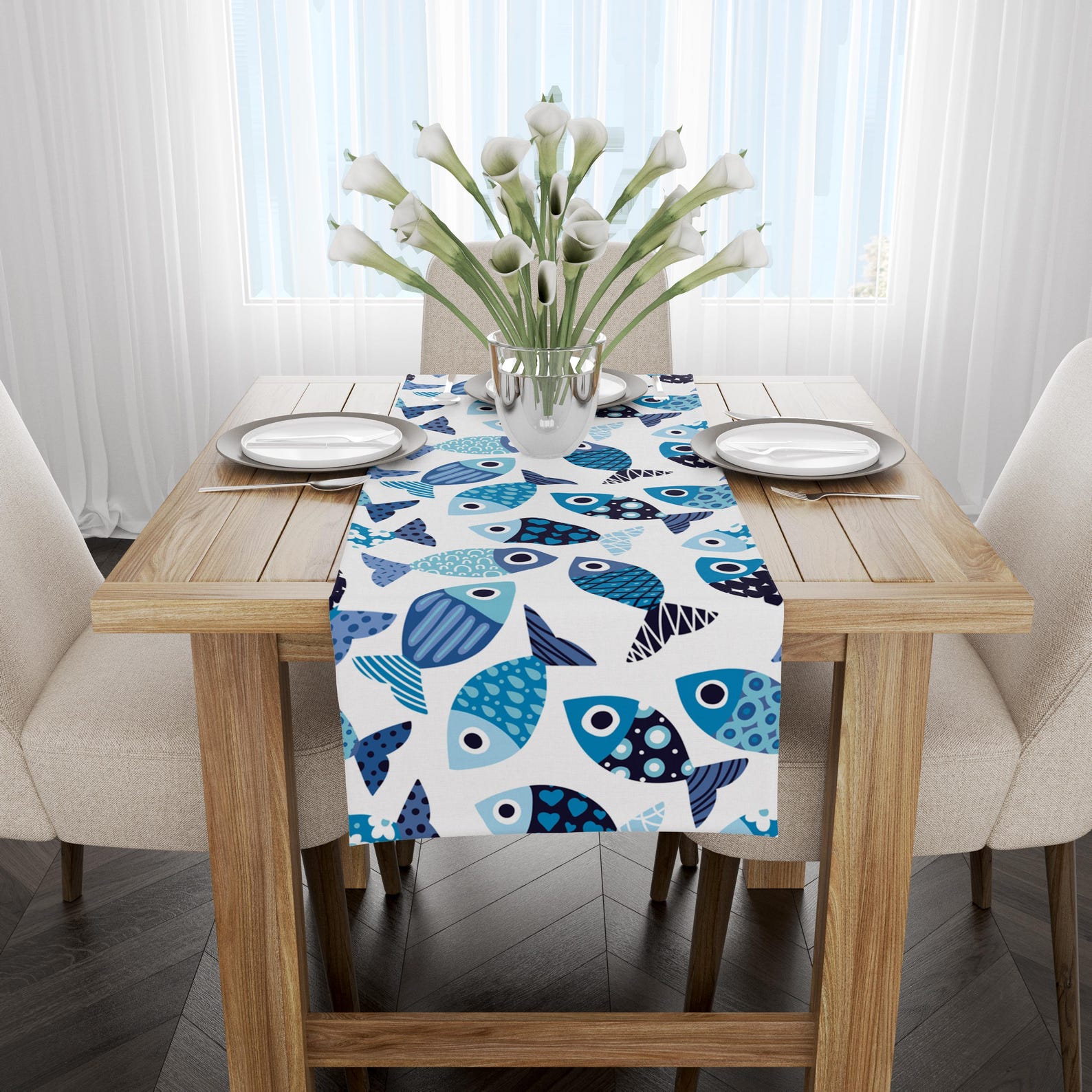 Blue Fish Seashells Table Runner, Marine Sea & Ocean Life Runner ...