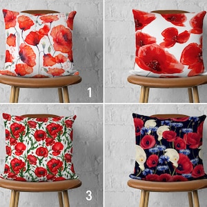 Red Poppies Pillow Cover, Poppy Flowers Cushion Cover, Floral Throw Pillow Case, Any Size Pillow, Bloomy Home Decor, 18x18, 20x20 22x22