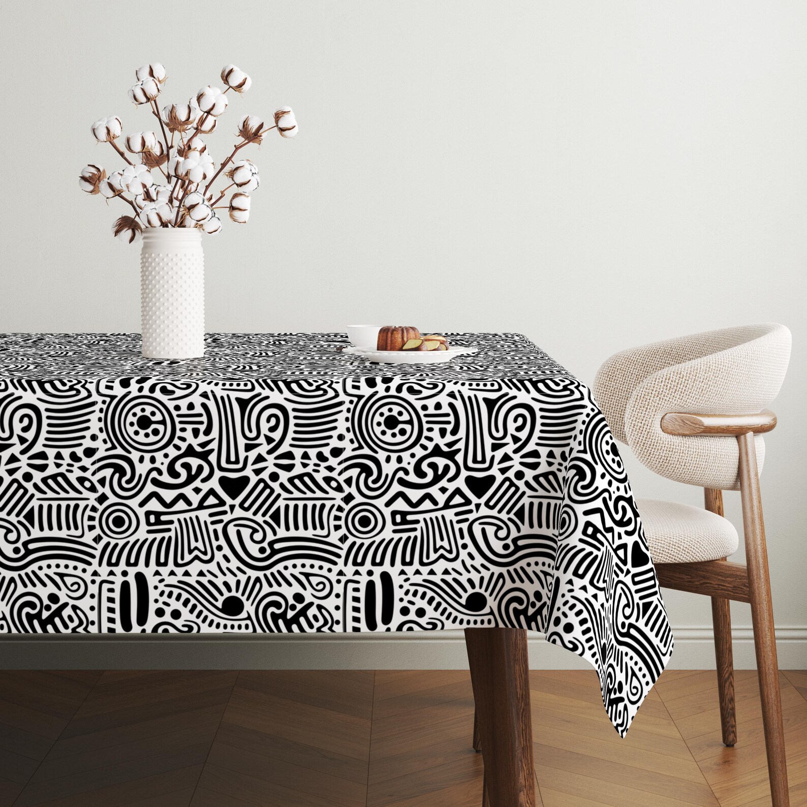 Tablecloth Line Drawing One Line Drawing Tablecloth, Black & White Modern Abstract Tablecloth ...