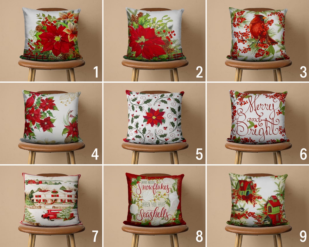 Red & Green Winter Pillow Cover, Red Poinsettia Cushion Cover ...