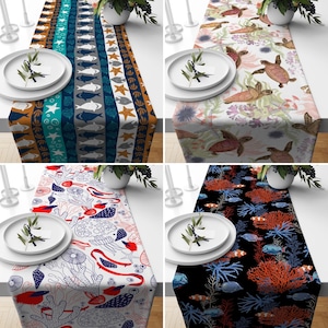 Fish & Coral Table Runner, Coastal Runner, Marine Tablecloth, Aqua Table Cover, Kitchen Textile, Any Size Runner, Custom Table Runner