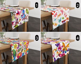 Vibrant Butterflies & Birds Table Runner, Colorful Spring Summer Table Runner, Vivid Chic Elegant Custom Table Runner, Dining Room Decor