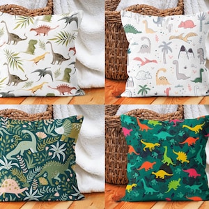 Kids Dinosaur Pillow Cover, Green & White Cushion Cover, Boys Room Dino Pillowcase, Playroom Decor, Custom Size Pillow, Cover Only 20x20