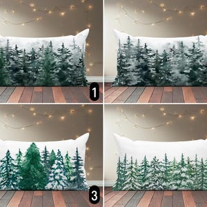 Copricuscino lombare Evergreen Forest, Copricuscino con motivo a pino invernale innevato, Copricuscino per le feste natalizie verdi, Decorazione rustica per la casa