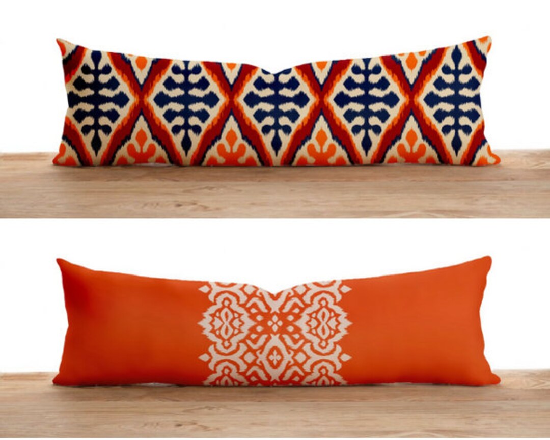 Orange Lumbar Pillow Cover, Ikat Bolster Pillow Case, Ethnic Long