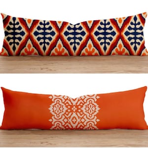 Orange Lumbar Pillow Cover, Ikat Bolster Pillow Case, Ethnic Long Pillow Cover, Cover Only, Any Size Pillow, 12x16, 12x18, 12x20, 16x24 image 1