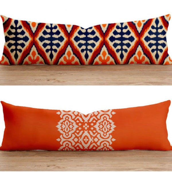 Orange Lumbar Pillow Cover, Ikat Bolster Pillow Case, Ethnic Long Pillow Cover, Cover Only, Any Size Pillow, 12x16, 12x18, 12x20, 16x24