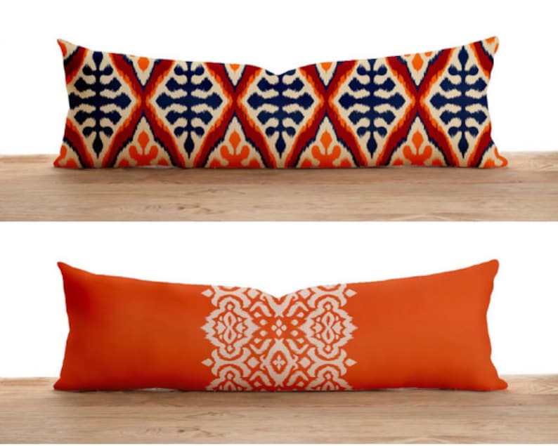 Orange Lumbar Pillow Cover, Ikat Bolster Pillow Case, Ethnic Long Pillow Cover, Cover Only, Any Size Pillow, 12x16, 12x18, 12x20, 16x24 image 1