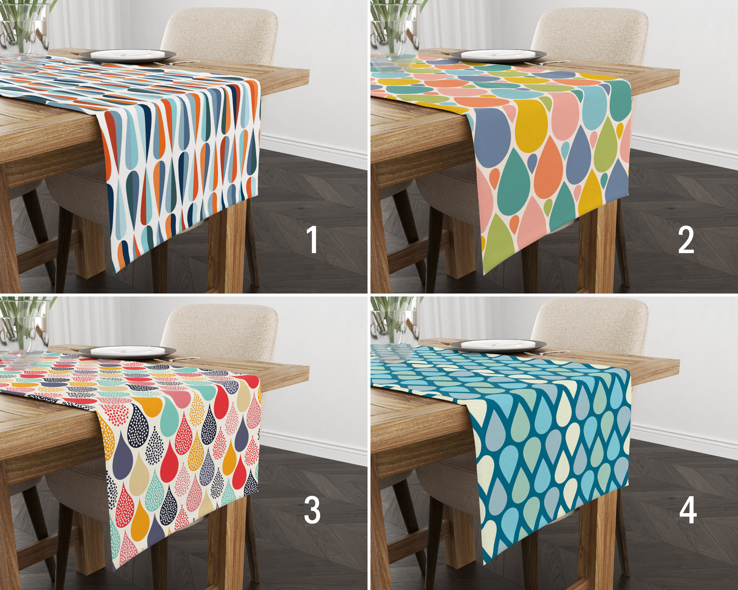 Colorful Retro Design Table Runner, Drop Pattern Blue Runner, Mid