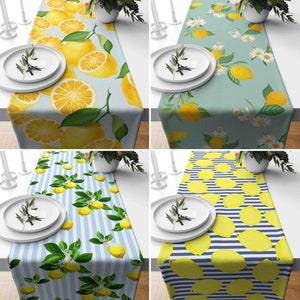 Blue & Yellow Lemon Design Runner, Lemon Slices and Branches Table Runner, Lemons Tablecloth, Fruit Table Linens, Dining Room Decor