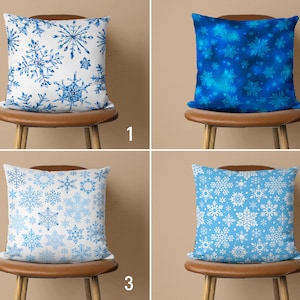 Blue & White Snowflake Pillow Cover, Snowy Winter Pillow Case, Christmas Cushion Cover, Living Room Decor, Any Size Pillow, 24x24 26x26