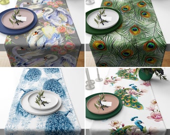 Birds Kitchen Runner, Blue & Green Animal Table Runner, Peacock Tablecloth, Dining Table Decor, Any Size Runner, Centerpiece Runner