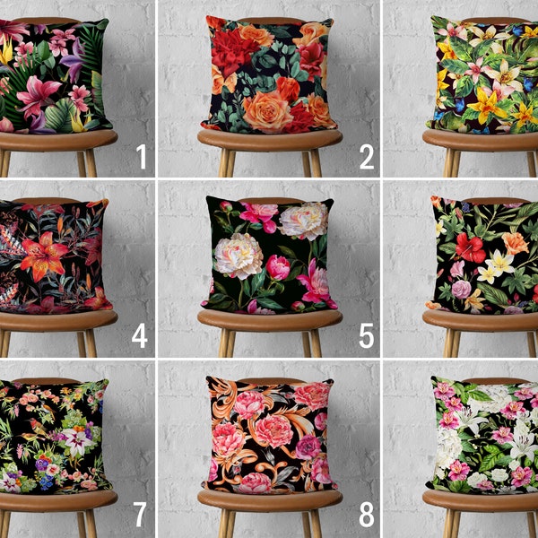 Bohemian Flowery Pillow Case, Boho Floral Pillow Cover, Flowers on Black Cushion Cover, Living Room Decor, Farmhouse Decor, All Sizes Pillow