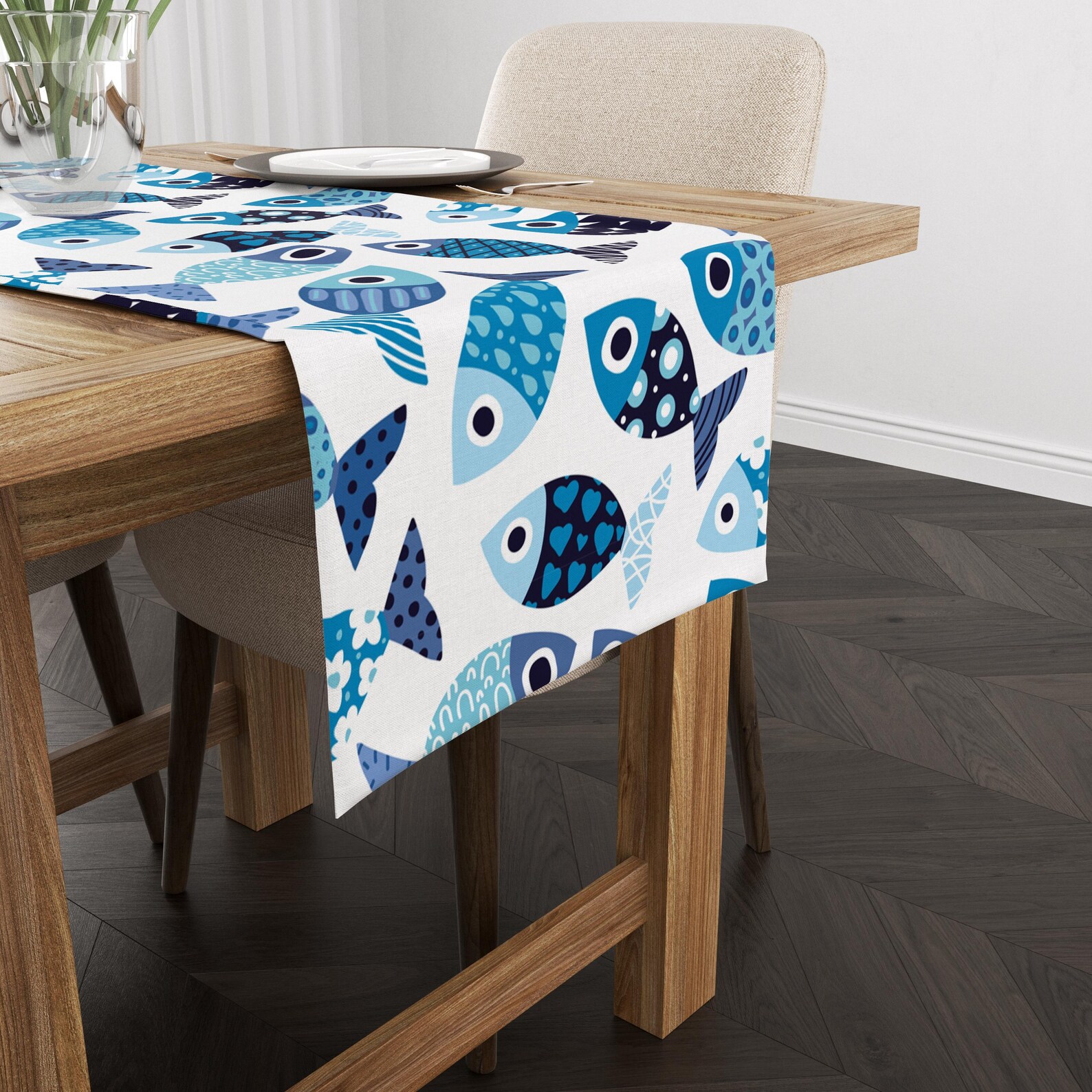 Blue Fish Seashells Table Runner, Marine Sea & Ocean Life Runner ...