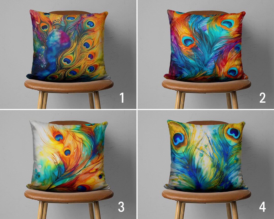 Vivid Peacock Feather Pillow Cover, Colorful Peafowl Tail Feather